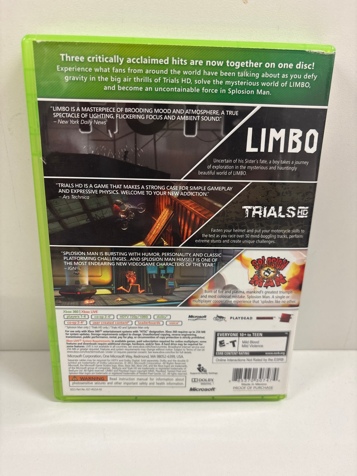 Xbox 360 Triple Pack Trials HD Limbo Splosion Man Xbox 360 Triple Pack Trials HD Limbo Splosion Man