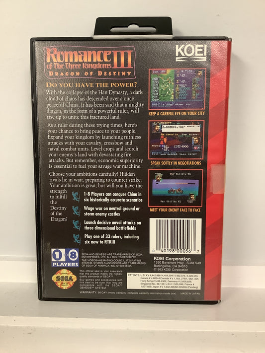 Romance of the Three Kingdoms III Dragon of Destiny - Sega Genesis